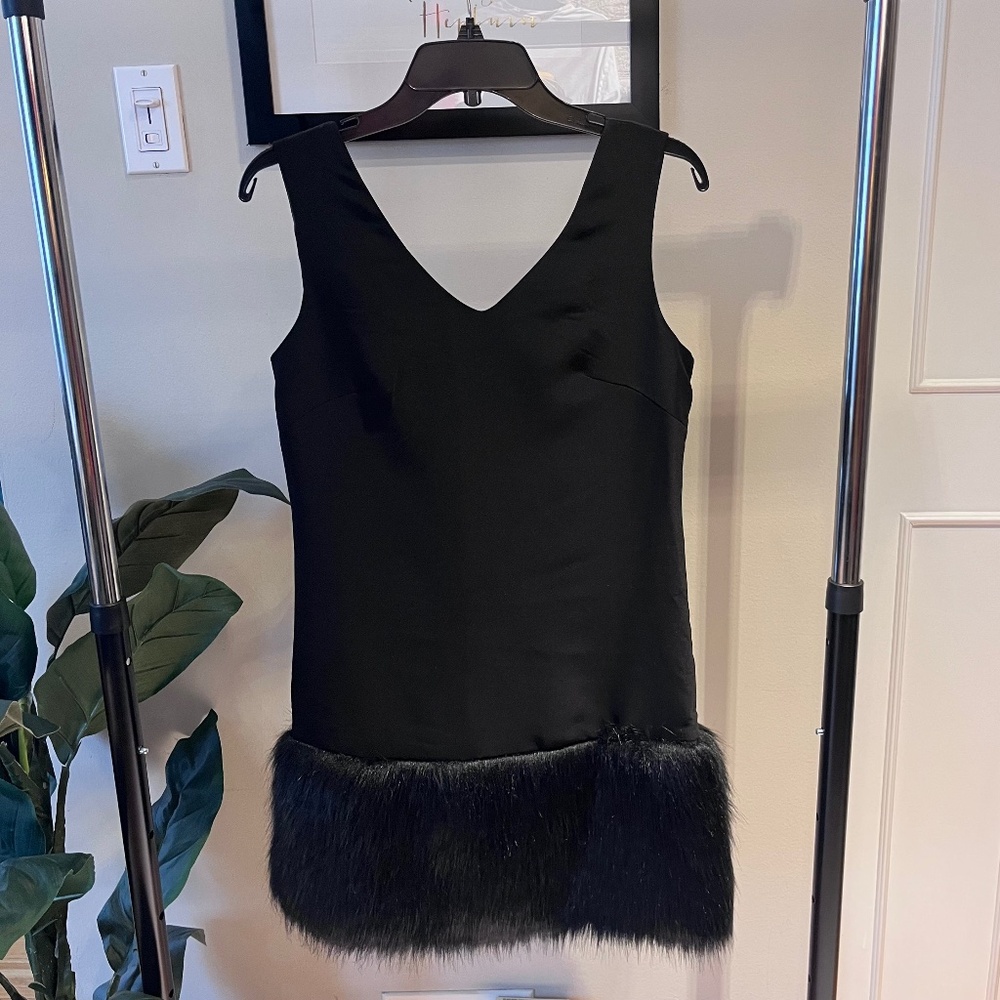 Black Sleeveless Mini Dress w/ Faux Fur Hem - Size S
